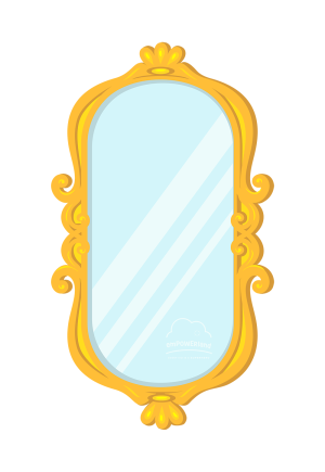 A cartoon-style image of a mirror with a small KR logo