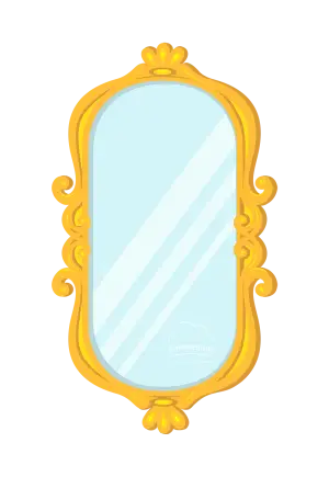 A cartoon-style image of a mirror with a small KR logo