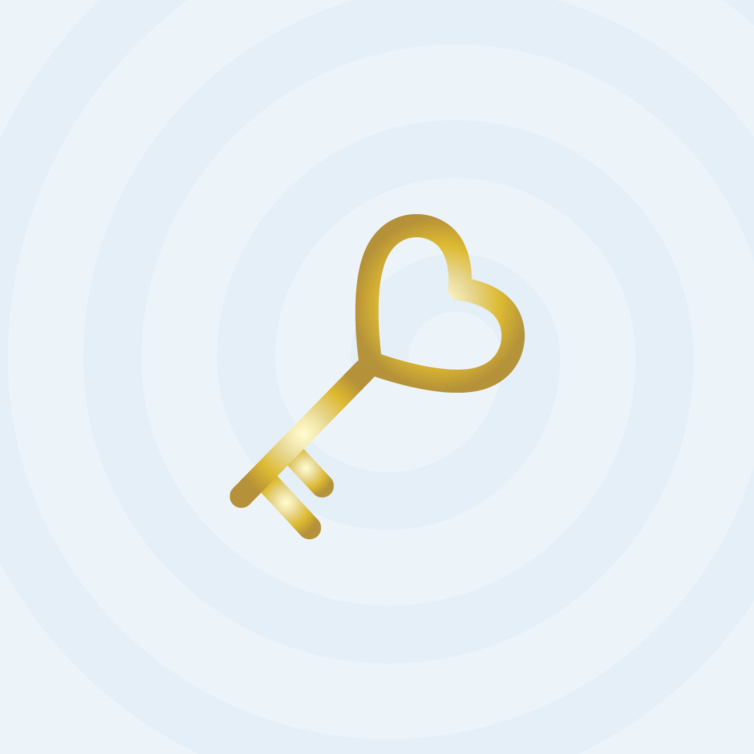 A gold coloured key with a heart shape over a blue spiral background