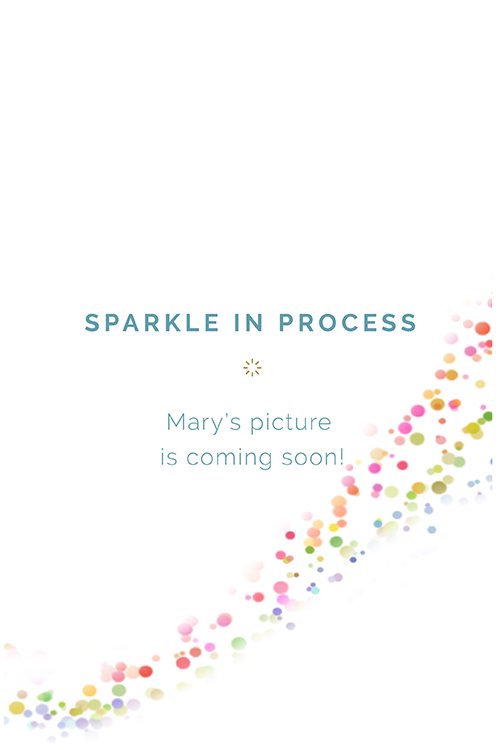 A rainbow confetti swirl with text that reads: SPARKLE IN PROCESS. Mary's picture is coming soon!