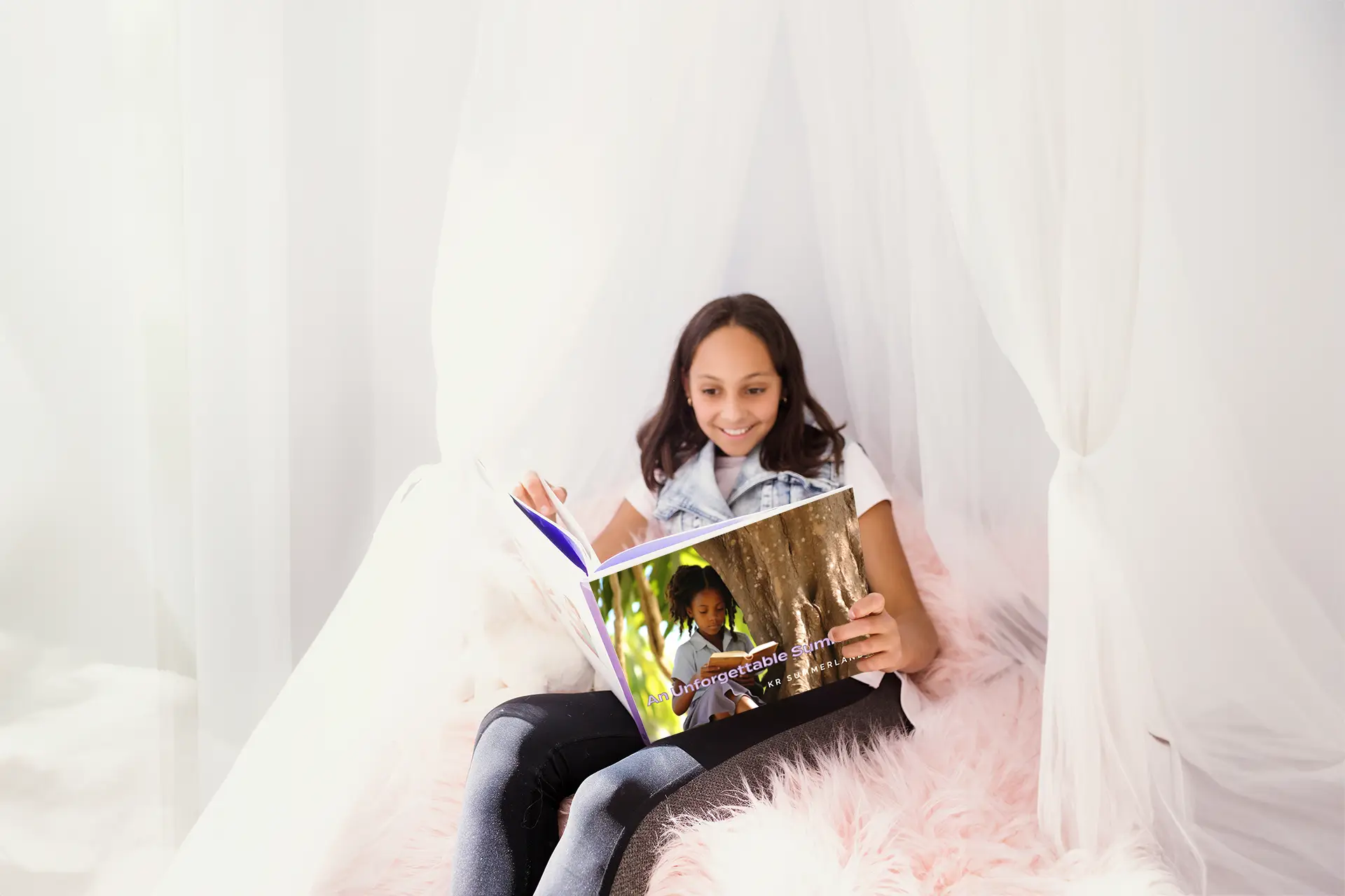 A girl reading a book, sitting on a fluffy pink pouff, under a white tulle canopy. The playful book title is "An Unforgettable Summer" by KR Summerland.