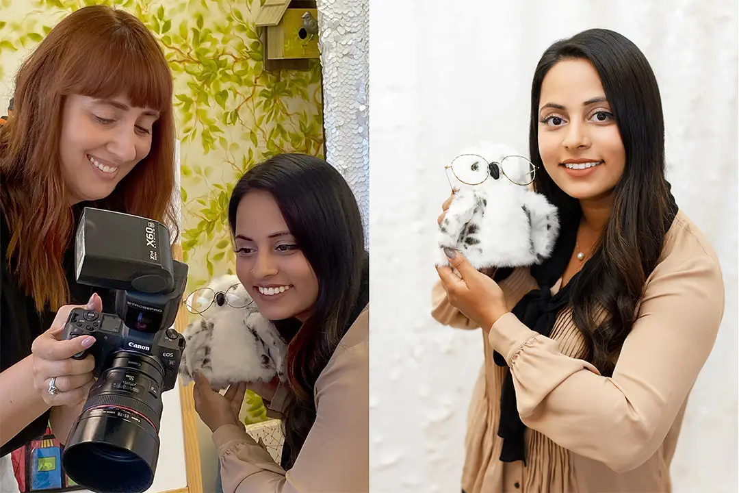 KR chooses professional photography over AI copy Two side-by-side photos. On the left, a professional photographer (Svetlana Yanova) holding a camera shows the model (Keisha Arshad) the image she just captured. The model is holding a toy owl and smiling. On the right, the model (Keisha Arshad) holding the owl.