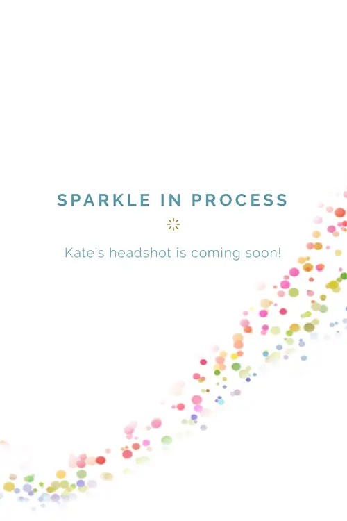 A rainbow polka dot swirl with text that reads: Sparkle in process, Kate’s headshot is coming soon!